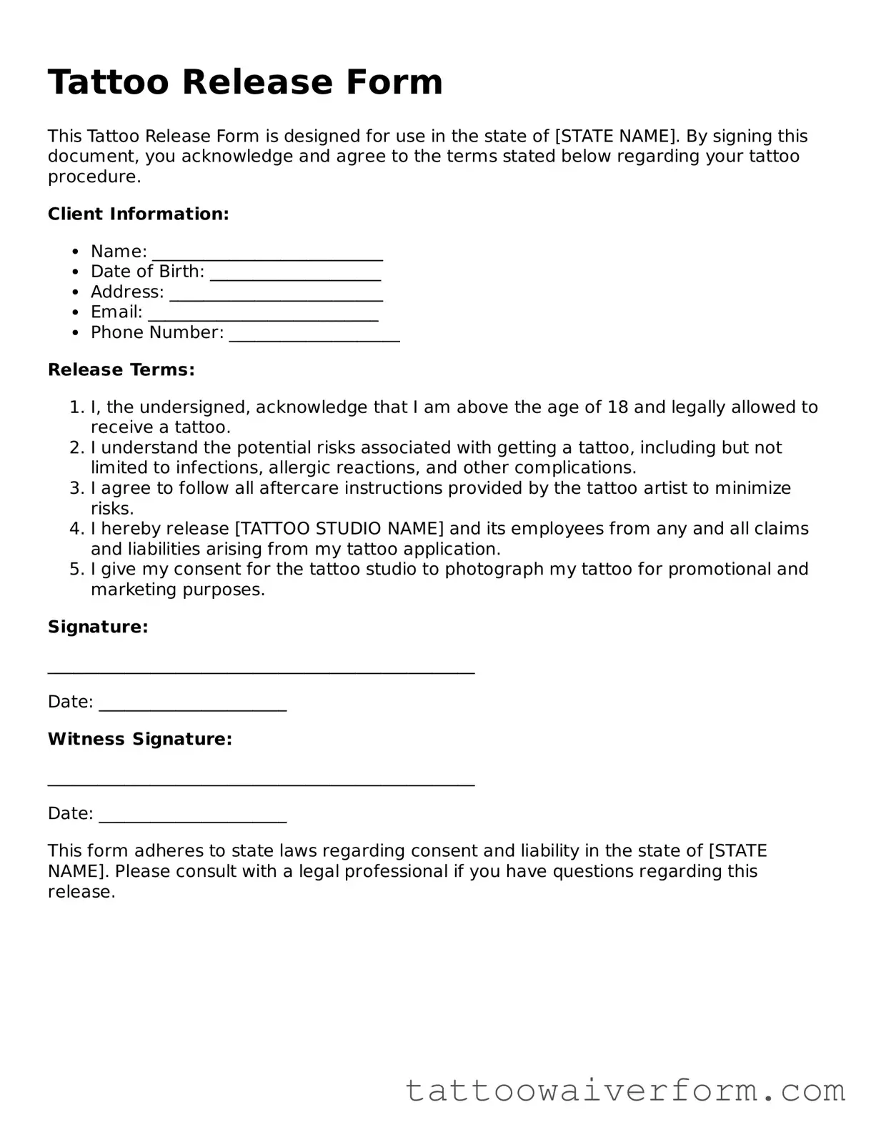 Valid Tattoo Release Template